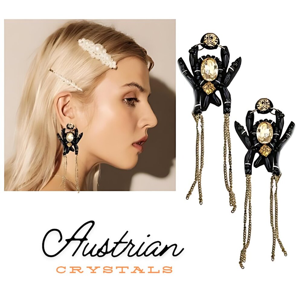 18K Gorgeous Topaz Crystal & Beaded 4" Long Black Widow Goth Spider Earrings NEW